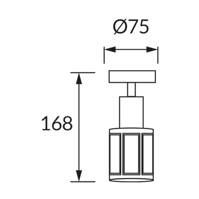 Schemat techniczny oprawy ścienno-sufitowej DUNBAR E14 1C BLACK/GOLDEN Ideus, wymiary: wysokość 168 mm, średnica 75 mm.
