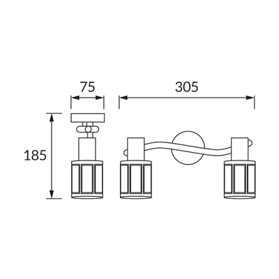 Schemat techniczny oprawy ścienno-sufitowej DUNBAR E14 2I BLACK/GOLDEN Ideus, wymiary: wysokość 185 mm, szerokość 305 mm, głębokość 75 mm.