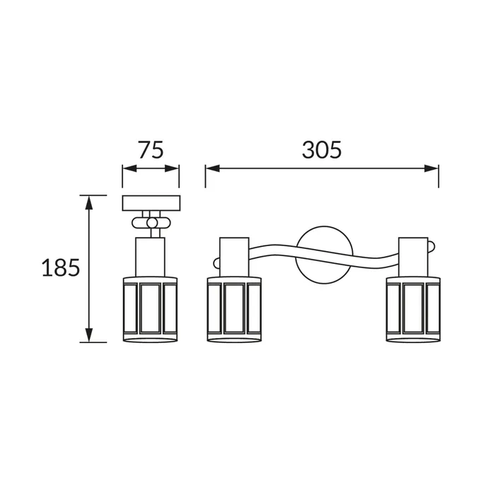 Schemat techniczny oprawy ścienno-sufitowej DUNBAR E14 2I BLACK/GOLDEN Ideus, wymiary: wysokość 185 mm, szerokość 305 mm, głębokość 75 mm.