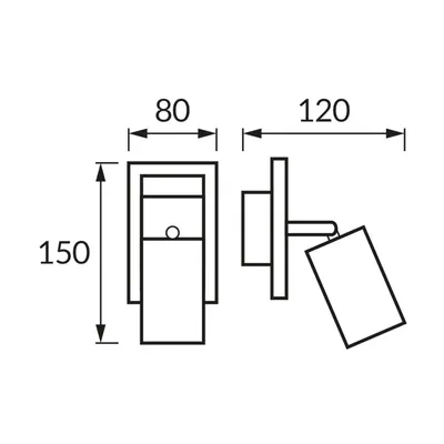 Schemat techniczny oprawy ścienno-sufitowej HUBERT GU10 1L BLACK Ideus z wymiarami: wysokość 150 mm, szerokość 80 mm, wysięg 120 mm.