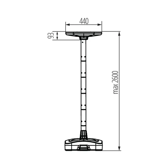 Schemat techniczny oprawy solarnej LED Kanlux PARENO SLR 25W z podanymi wymiarami: szerokość 440 mm, wysokość max 2600 mm, grubość 93 mm.