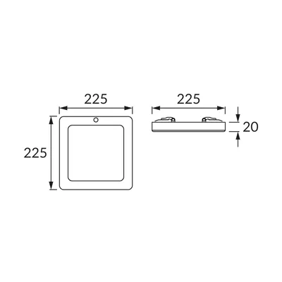 Schemat techniczny plafoniery LED Ideus OLGIERD z czujnikiem ruchu, wymiary 225x225x20 mm.