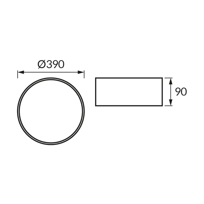 Schemat techniczny plafoniery SYMBOL C 3 x E27 BLACK Ideus: średnica 390 mm, wysokość 90 mm.