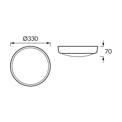 Schemat techniczny plafoniery hermetycznej Ideus GOLIAT LED z podanymi wymiarami: średnica 330 mm, wysokość 70 mm.