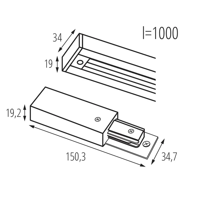 Schemat techniczny szyny 1-fazowej Kanlux TEAR 1F SET 1M-B z podanymi wymiarami: długość 1000 mm, szerokość 34 mm, wysokość 19 mm.