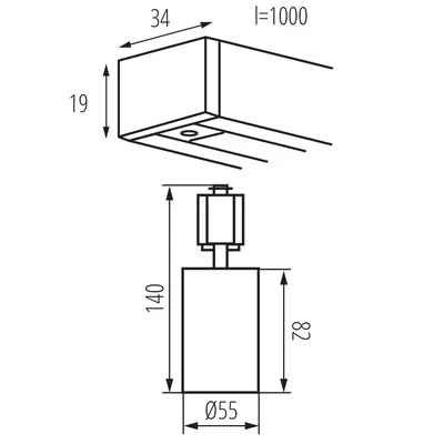 Schemat techniczny zestawu oświetlenia szynowego Kanlux ALTEAR SET 1M3S W: szyna 1000x34x19 mm, oprawa 140x82 mm, średnica 55 mm.
