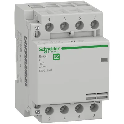 Stycznik modułowy Schneider Electric Easy9 Pro 40A 4NO 230V, model EZ9CT-40-40-230, z oznaczeniami A1, A2 oraz numeracją zacisków.
