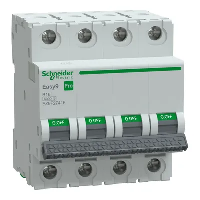 Wyłącznik nadprądowy 4-biegunowy Schneider Electric Easy9 Pro, B16, 6kA, model EZ9F27416, z zielonymi dźwigniami OFF.