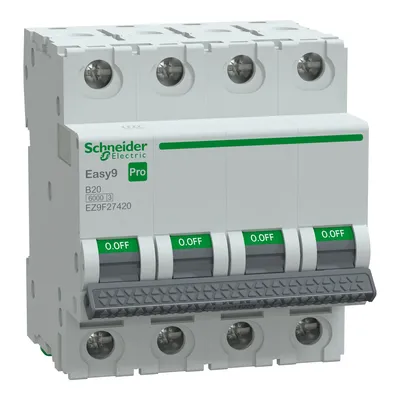 Wyłącznik nadprądowy 4-biegunowy Schneider Electric Easy9 Pro, B20, 6kA, model EZ9F27420, z zielonymi wskaźnikami OFF.