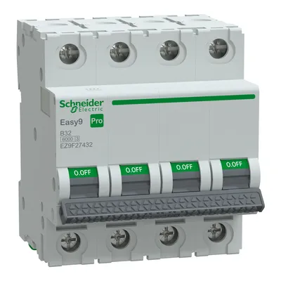 Wyłącznik nadprądowy 4P B 32A 6kA Schneider Easy9 Pro EZ9F-B32-4, czterobiegunowy, z zabezpieczeniem 32A i zdolnością zwarciową 6kA.