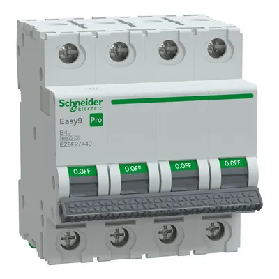 Wyłącznik nadprądowy 4P B 40A 6kA Schneider Electric Easy9 Pro EZ9F27440, z zielonymi dźwigniami oznaczonymi "O.OFF"