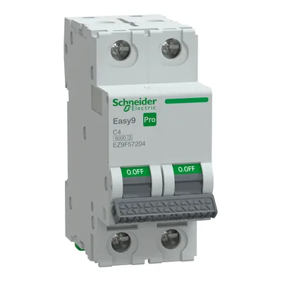 Wyłącznik nadprądowy Schneider Electric Easy9 Pro 2P C 4A 6kA, model EZ9F-C4-2, z zielonymi przełącznikami ON/OFF.