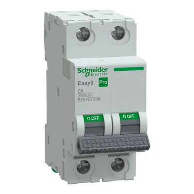 Wyłącznik nadprądowy Schneider Electric Easy9 Pro 2P C 6A 6kA, model EZ9F57206, z zielonymi przełącznikami ON/OFF.