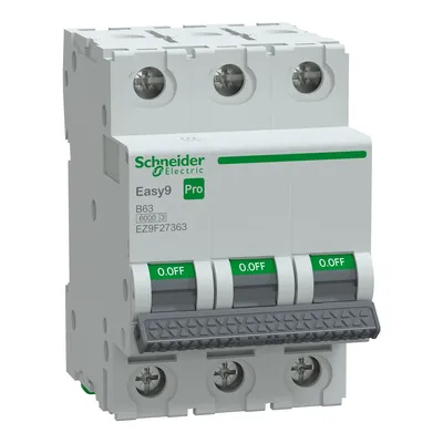 Wyłącznik nadprądowy Schneider Electric Easy9 Pro 3P B 63A 6kA, model EZ9F27363, z zielonymi wskaźnikami O.OFF.