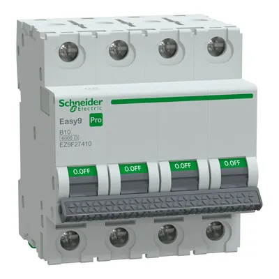 Wyłącznik nadprądowy Schneider Electric Easy9 Pro 4P B 10A 6kA, model EZ9F27410, z zielonymi dźwigniami OFF.