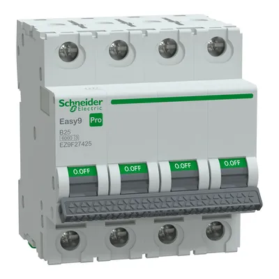 Wyłącznik nadprądowy Schneider Electric Easy9 Pro 4P B 25A 6kA, model EZ9F27425, z zielonymi dźwigniami OFF.