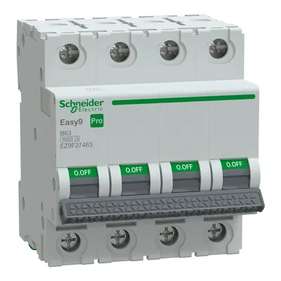 Wyłącznik nadprądowy Schneider Electric Easy9 Pro 4P B 63A 6kA, model EZ9F27463, z zielonymi dźwigniami.