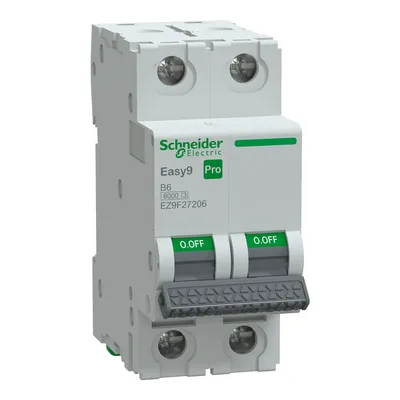 Wyłącznik nadprądowy dwubiegunowy Schneider Electric Easy9 Pro, B 6A, 6kA, model EZ9F27206, z zielonymi przełącznikami ON/OFF.