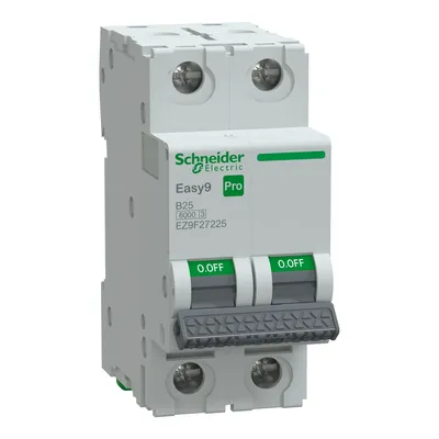 Wyłącznik nadprądowy dwubiegunowy Schneider Electric Easy9 Pro B25 25A 6kA, model EZ9F-B25-2, z zielonymi wskaźnikami ON/OFF.