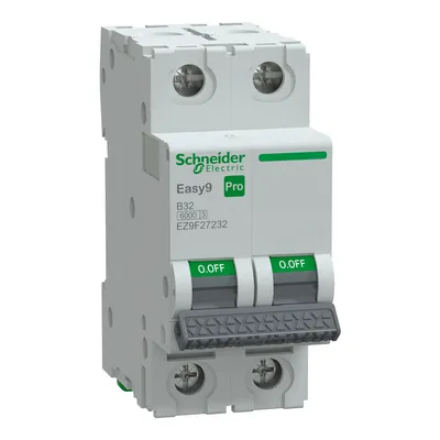 Wyłącznik nadprądowy dwubiegunowy Schneider Electric Easy9 Pro B32 6kA, model EZ9F-B32-2, z zielonymi przełącznikami ON/OFF.