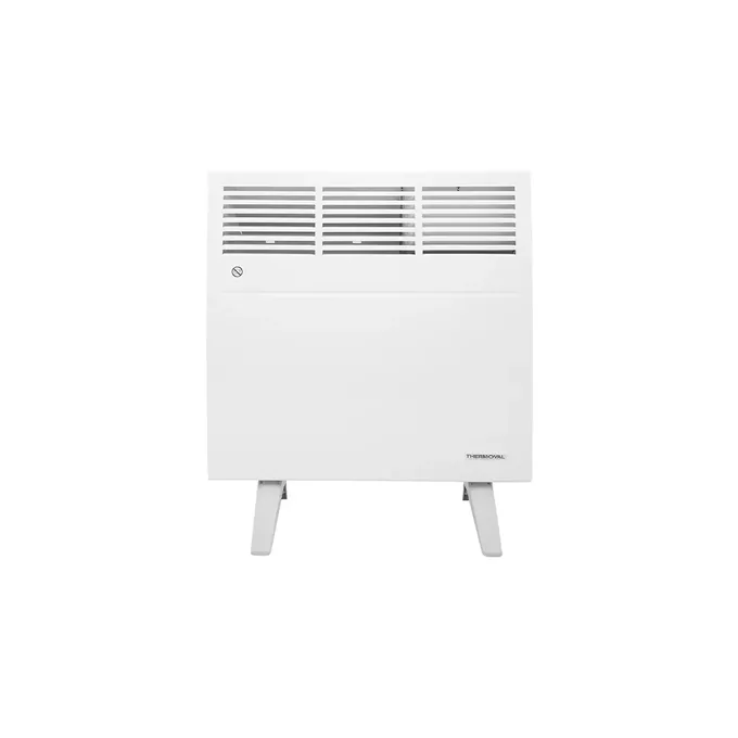 Biały grzejnik elektryczny Thermoval T18 Next 500W WiFi z programatorem i nóżkami, widok z przodu.