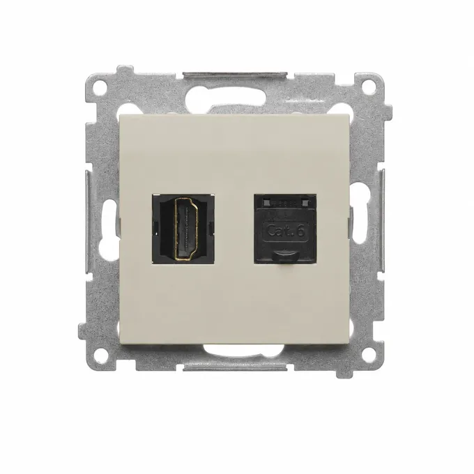 Gniazdo HDMI i RJ45 kategorii 6 w kolorze kaszmirowym, seria Simon 54, producent Kontakt-Simon.