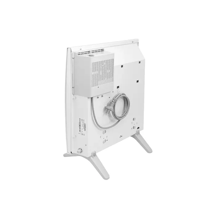 Grzejnik elektryczny Thermoval T18 Next 1000W WiFi z programatorem, widok z tyłu z podłączonym kablem zasilającym i nóżkami.