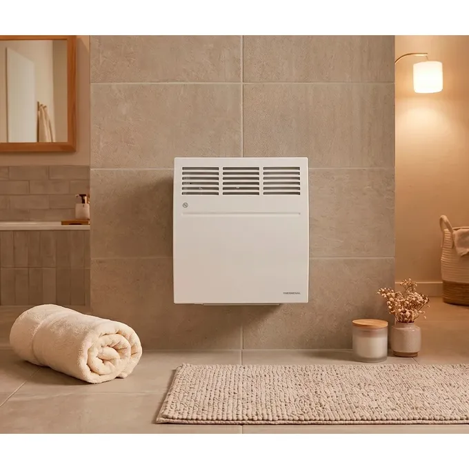 Grzejnik elektryczny Thermoval T18 Next 500W WiFi zamontowany na ścianie w łazience, obok ręcznik i dywanik.