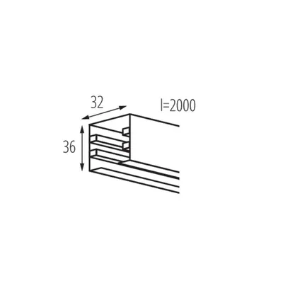 Schemat techniczny szynoprzewodu 3-obwodowego Kanlux TEAR N TR 2M-B Czarny, wymiary 36x32 mm, długość 2000 mm.