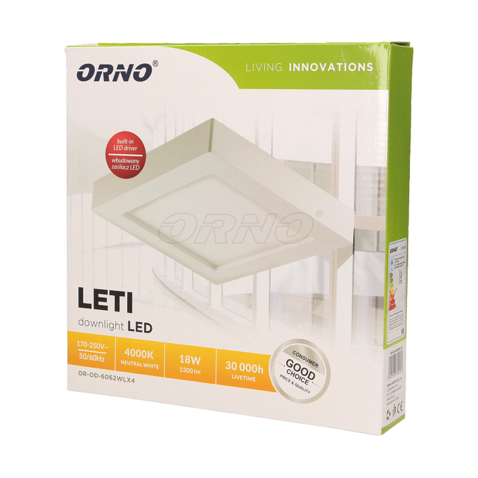 Oprawa LETI LED natynkowa, kwadratowa downlight 18W, 4000K, biała, wbudowany zasilacz LED Orno - OR-OD-6062WLX4