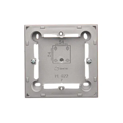 Puszka natynkowa płytka pojedyncza Stal Inox Simon Basic Standard, widok z tyłu z oznaczeniami wymiarów 54x54 mm.