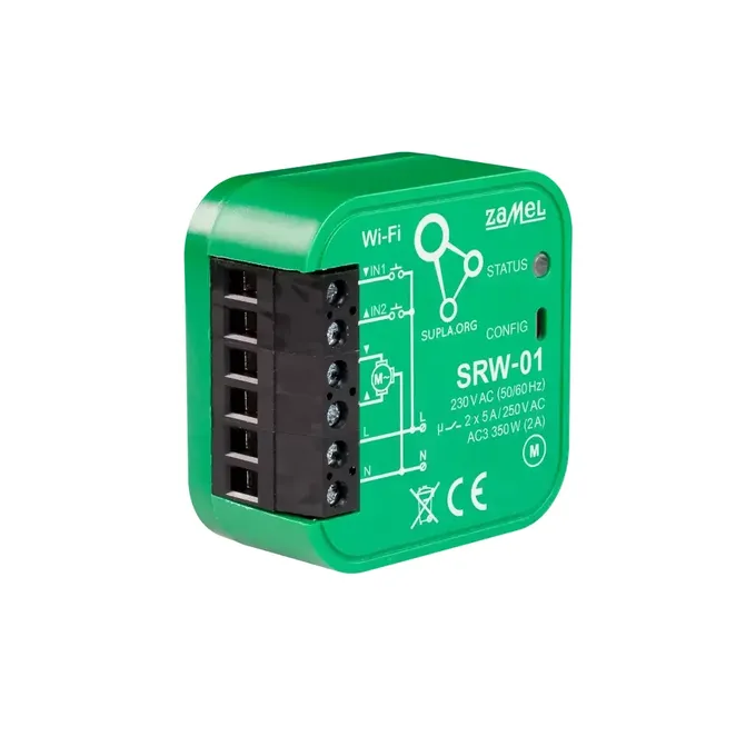Zielony sterownik rolet Wi-Fi Zamel Supla SRW-01 z zaciskami śrubowymi i oznaczeniami technicznymi.