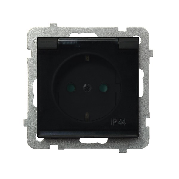 Gniazdo bryzgoszczelne z uziemieniem Schuko i przesłonami IP-44 Czarny matowy, klapka dymna Sonata - GPH-1RSP/m/33/d
