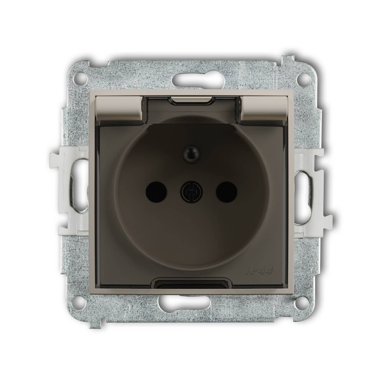 Gniazdo bryzgoszczelne IP-44 z przesłonami Taupe, klapka dymna Karlik MINI - 60MGPB-1zdp