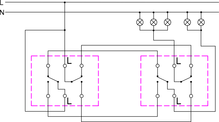 Schemat podłączenia łączników schodowych podwójnych