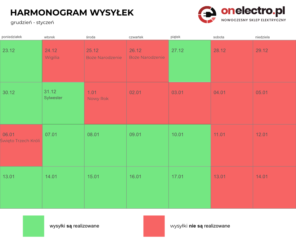 Harmonogram dostaw w okresie świąteczno-noworocznym