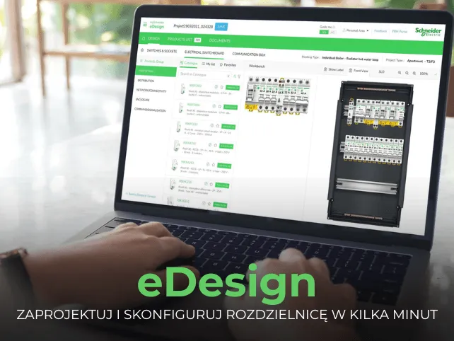 Laptop z programem eDesign do projektowania i konfiguracji rozdzielnic Schneider
