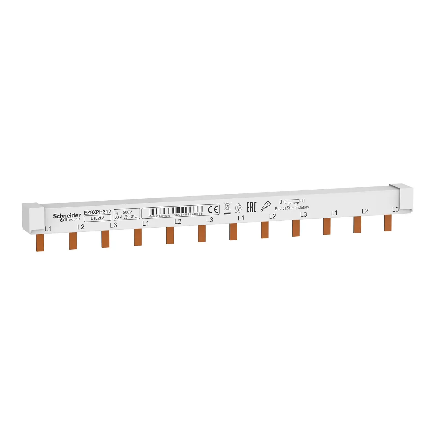 Trójfazowa szyna łączeniowa Schneider Easy9 z rzędem miedzianych widełek L1, L2, L3