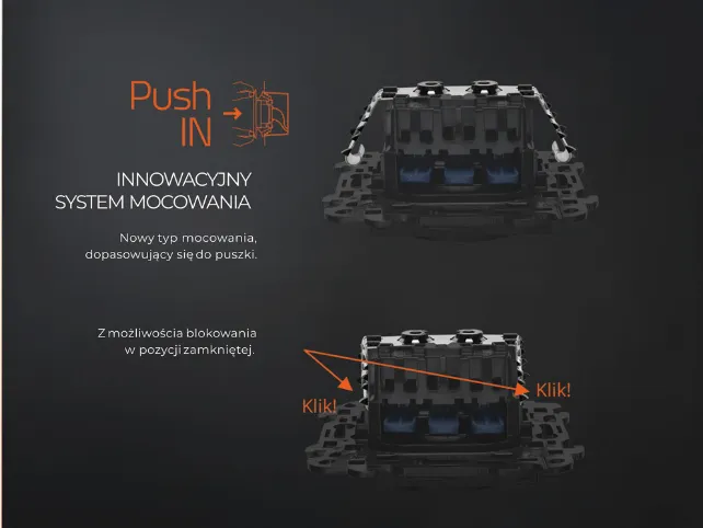 Grafika systemu mocowania Push In z mechanizmem blokowanym w pozycji zamkniętej
